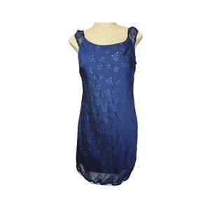 VTG Y2K Midi Slip Dress Blue Shimmer Size XL Sheer Rouched Straps Goth